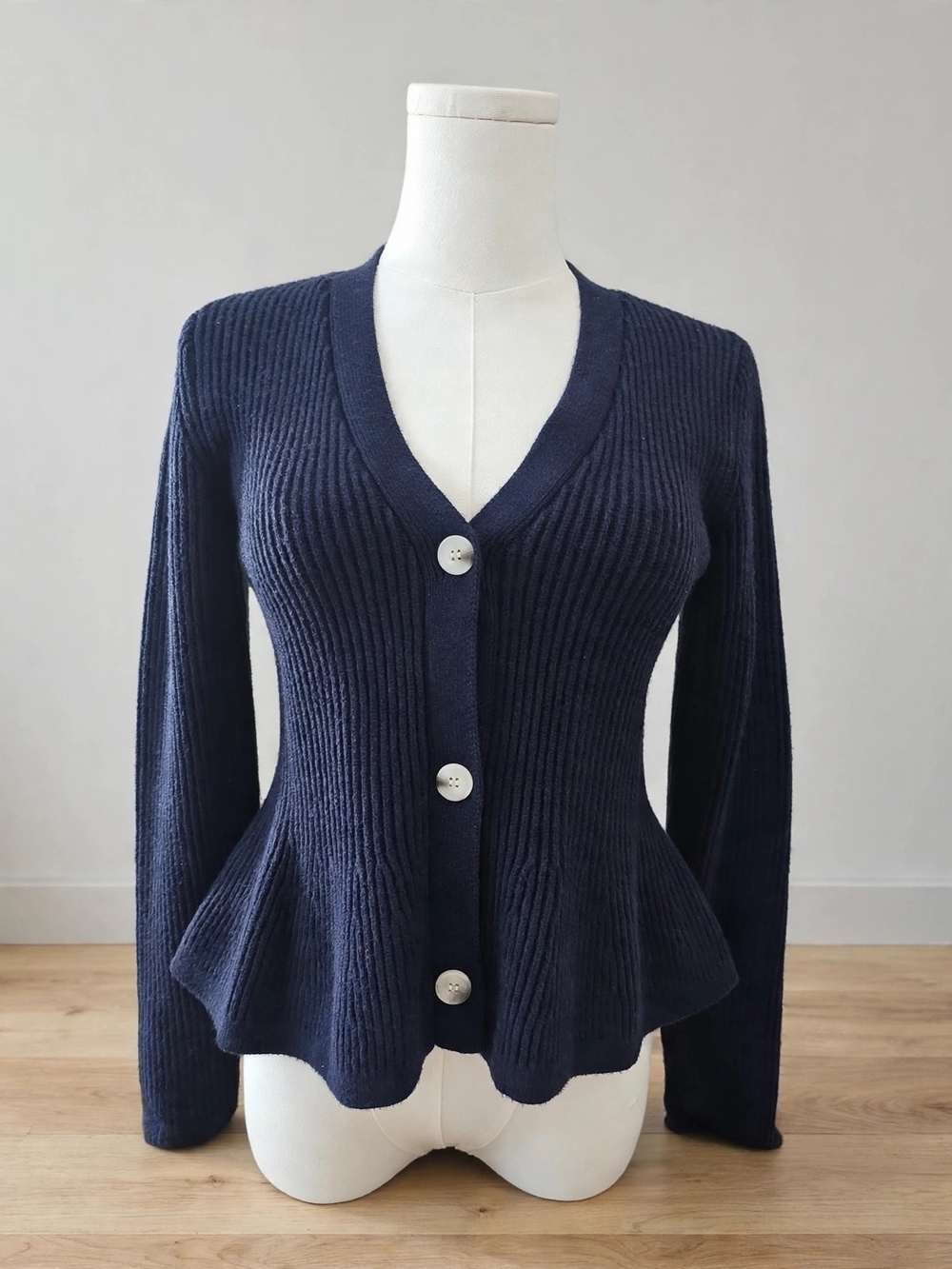 Jessica Simpson Navy Peplum Cardigan Sweater Sz S Ribbed Buttom Front NWOT